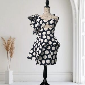 SKAZI Polka Dot One-Shoulder Draped Mini Dress